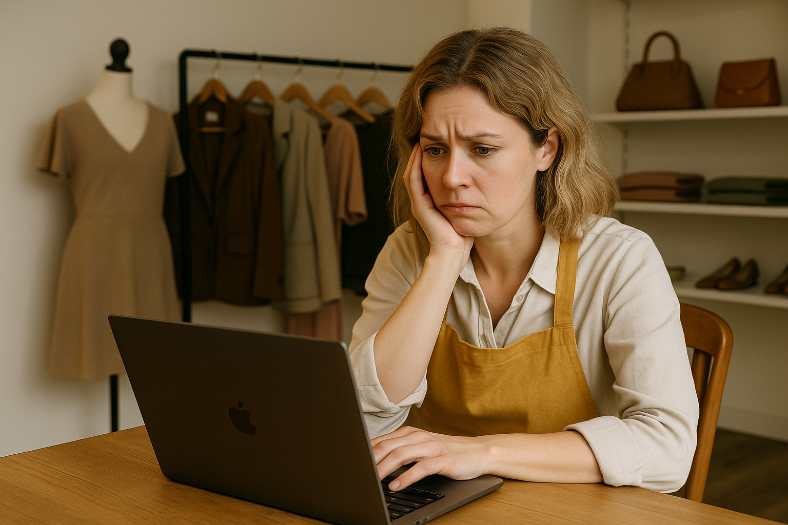 Boutique clothing owner struggling with figuring out why her work to improve her website visibility isn't working. She is sat in her shop.